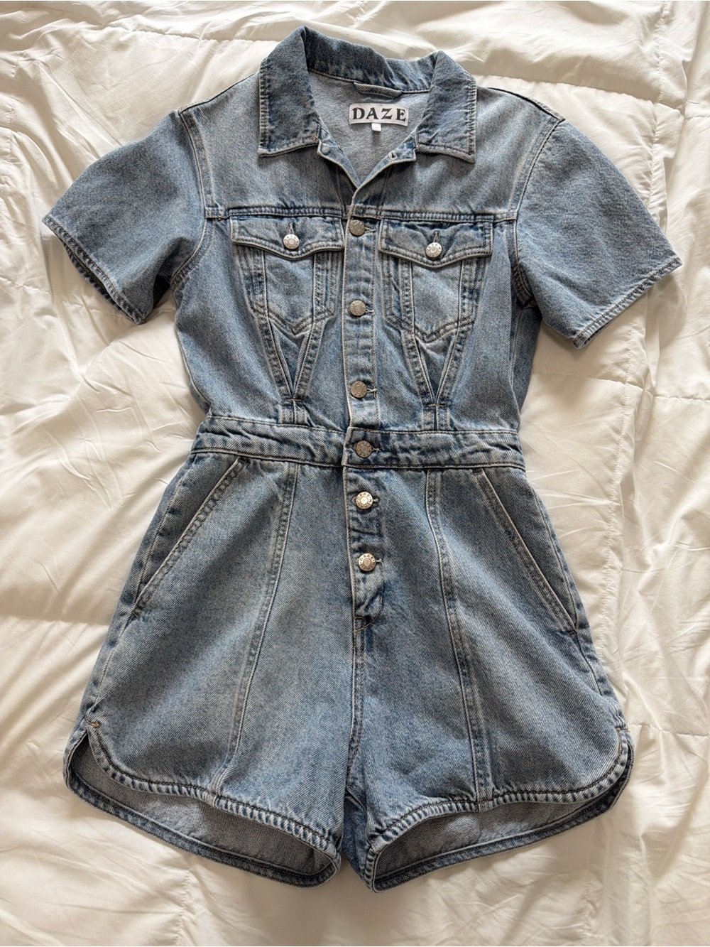 DAZE Short-Sleeve Denim Romper in Light Blue